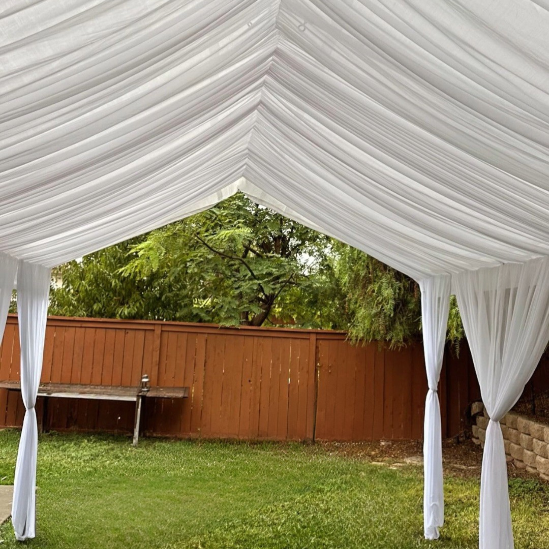 White draped canopy tent in a backyard garden setting