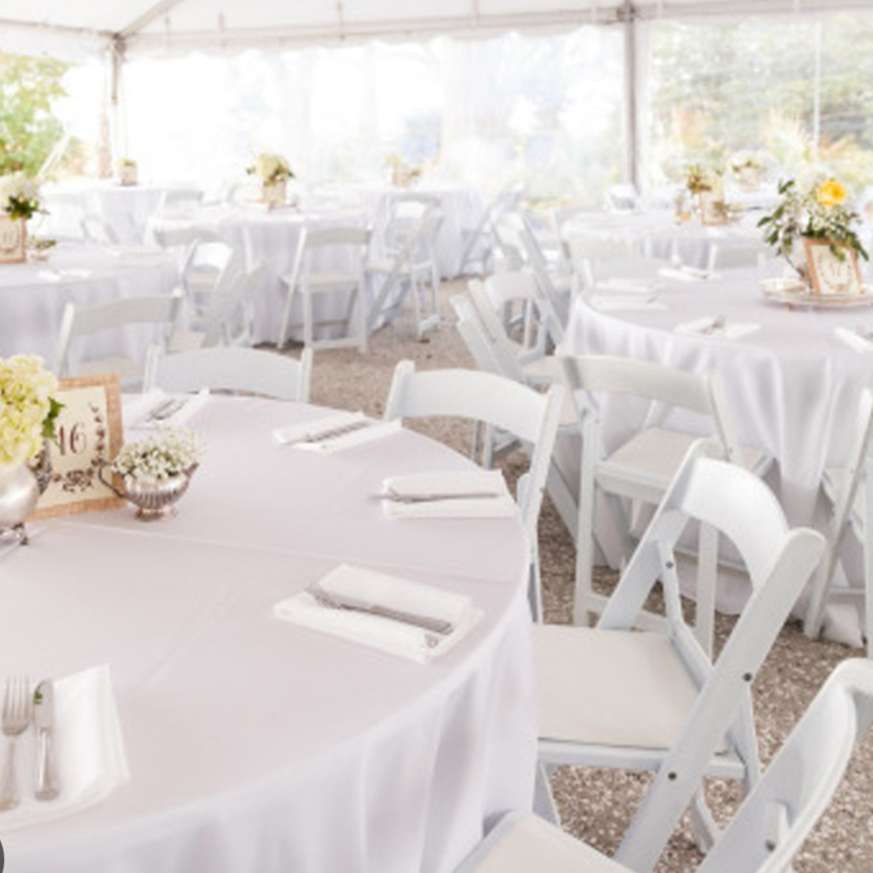 Bright tent reception with white resin chairs and floral table centerpieces