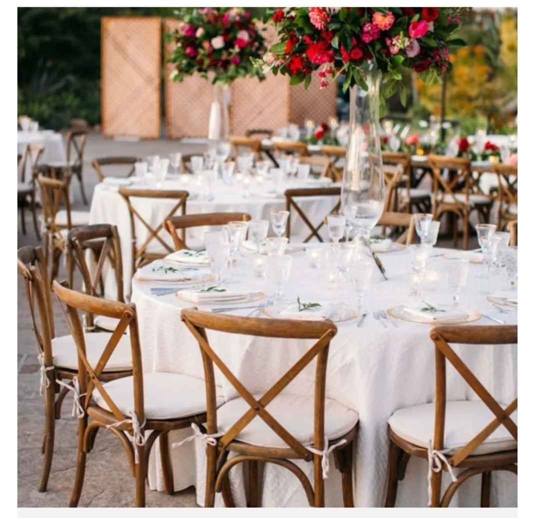 Crossback Wedding Package — round tables with white linens and crossback chairs
