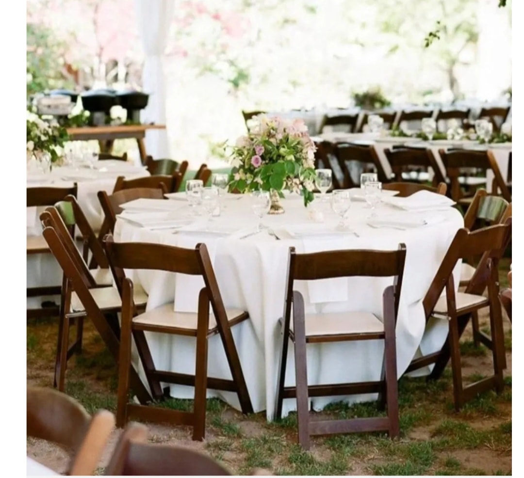 Fruitwood Wedding Package — round tables with white linens and fruitwood chairs