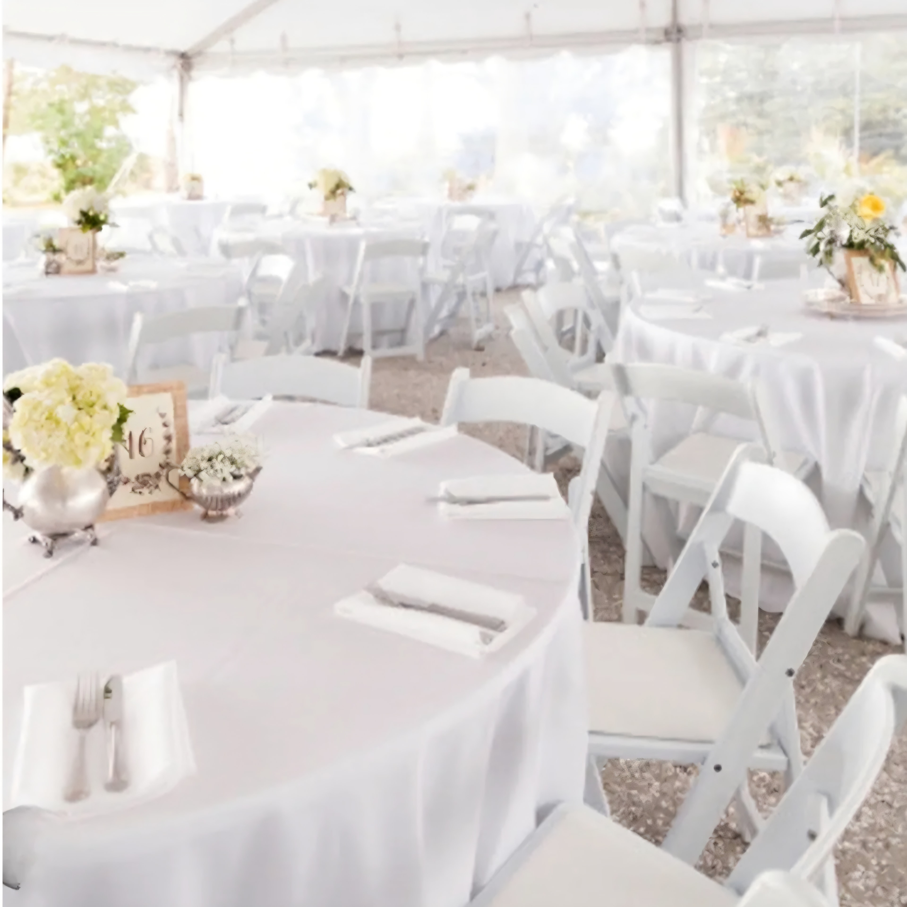 Resin Wedding Package — round tables with white linens and white resin chairs