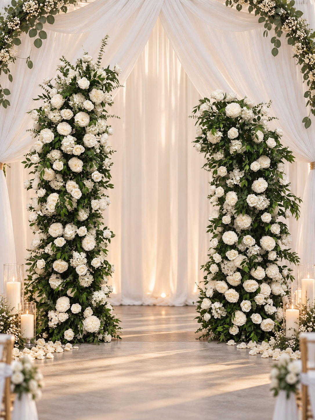 Broken arch with white roses and greenery for event rental