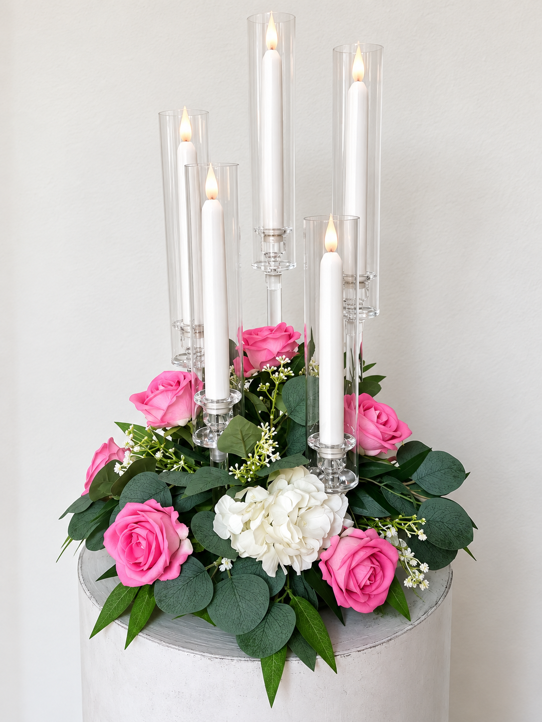 Floral Candelabra Centerpiece with Pink Roses and Candles